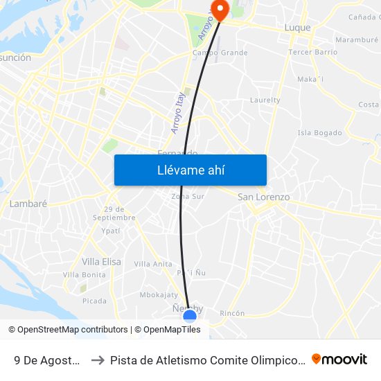 9 De Agosto, 345 to Pista de Atletismo Comite Olimpico Paraguayo map