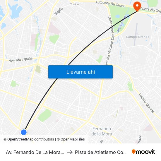 Av. Fernando De La Mora X Av. República Argentina to Pista de Atletismo Comite Olimpico Paraguayo map