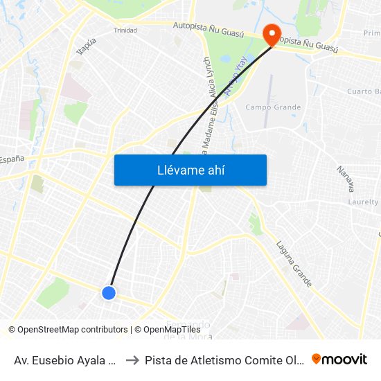 Av. Eusebio Ayala X Félix Lopéz to Pista de Atletismo Comite Olimpico Paraguayo map