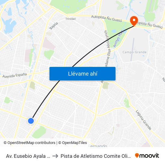 Av. Eusebio Ayala X Nazareth to Pista de Atletismo Comite Olimpico Paraguayo map