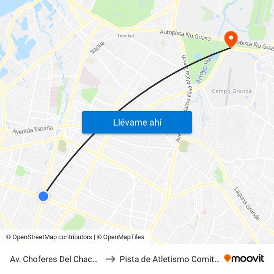 Av. Choferes Del Chaco X Av. Eusebio Ayala to Pista de Atletismo Comite Olimpico Paraguayo map