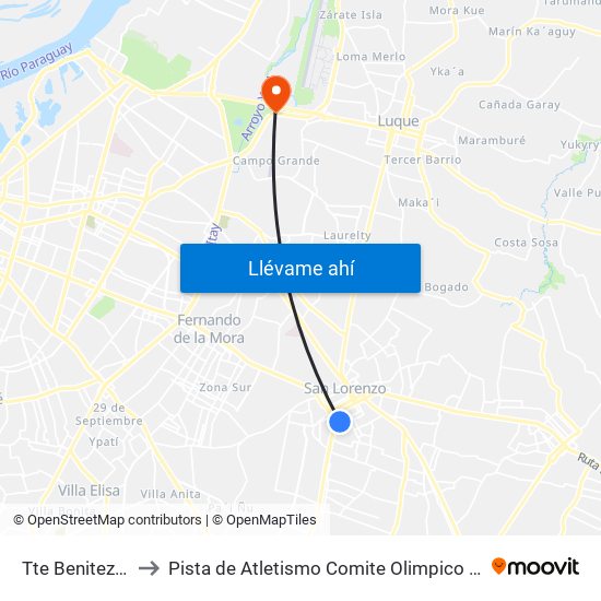 Tte Benitez, 326 to Pista de Atletismo Comite Olimpico Paraguayo map