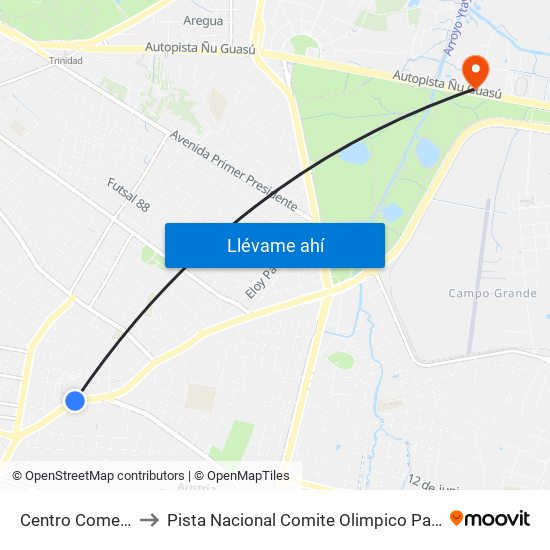 Centro Comercial to Pista Nacional Comite Olimpico Paraguayo map