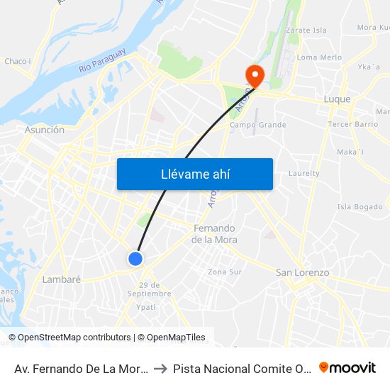 Av. Fernando De La Mora X De La Victoria to Pista Nacional Comite Olimpico Paraguayo map