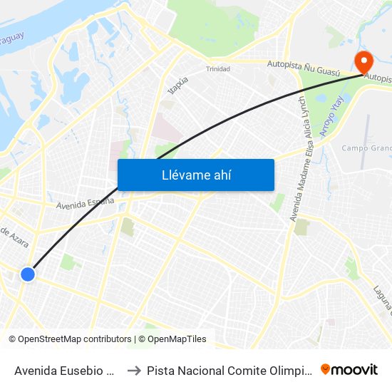 Avenida Eusebio Ayala, 995 to Pista Nacional Comite Olimpico Paraguayo map