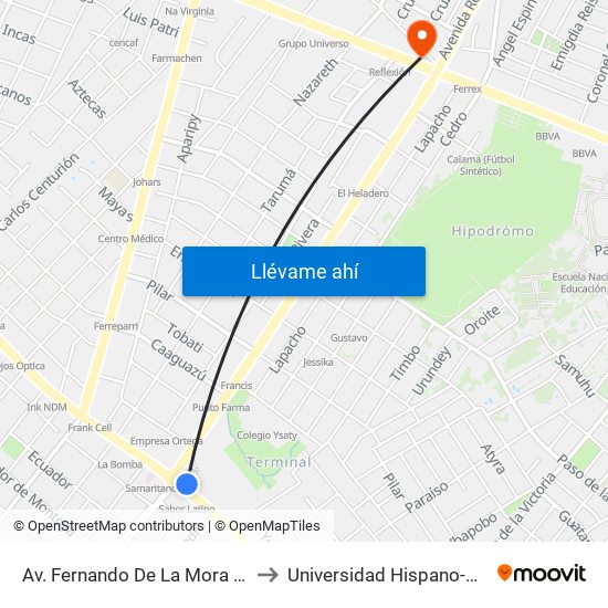 Av. Fernando De La Mora X Av. Argentina to Universidad Hispano-Guaraní (UHG) map