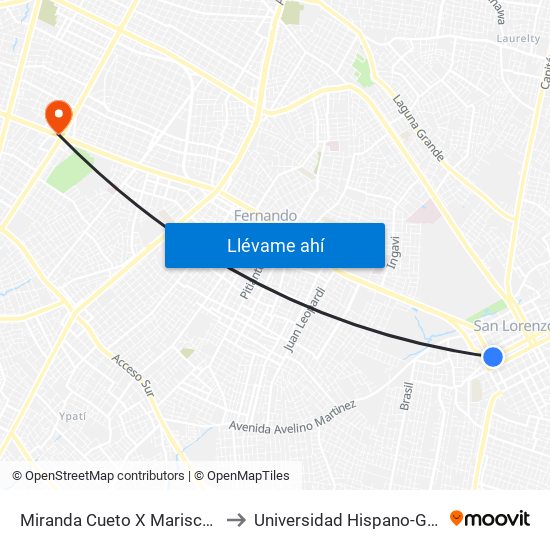 Miranda Cueto X Mariscal Estigarribia to Universidad Hispano-Guaraní (UHG) map