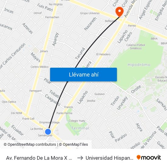 Av. Fernando De La Mora X Av. República Argentina to Universidad Hispano-Guaraní (UHG) map