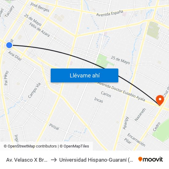 Av. Velasco X Brasil to Universidad Hispano-Guaraní (UHG) map