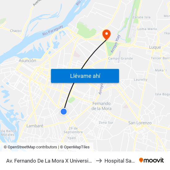 Av. Fernando De La Mora X Universitarios Del Chaco to Hospital San Jorge map