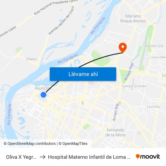 Oliva X Yegros to Hospital Materno Infantil de Loma Pytâ map