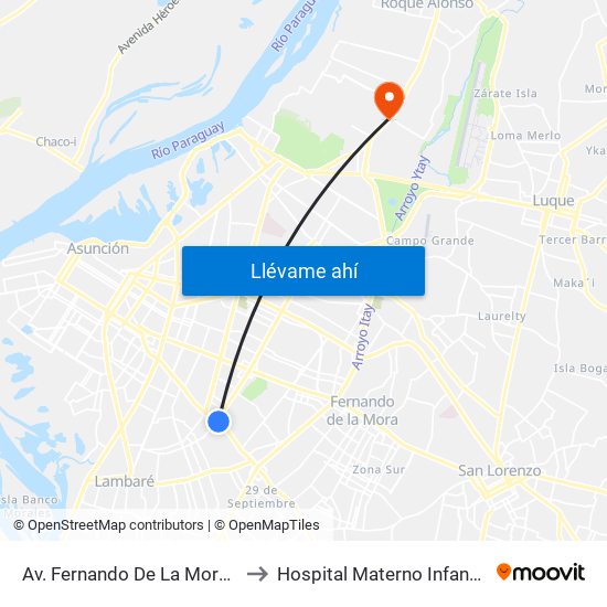 Av. Fernando De La Mora X Av. Argentina to Hospital Materno Infantil de Loma Pytâ map