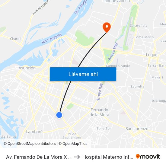 Av. Fernando De La Mora X Av. República Argentina to Hospital Materno Infantil de Loma Pytâ map