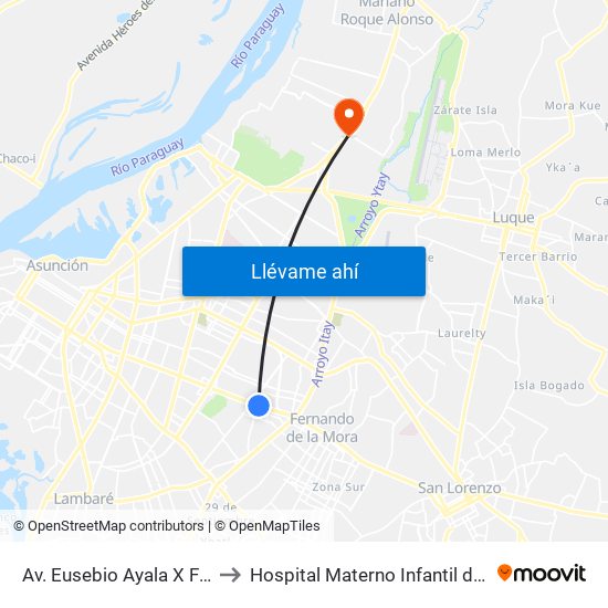Av. Eusebio Ayala X Félix Lopéz to Hospital Materno Infantil de Loma Pytâ map