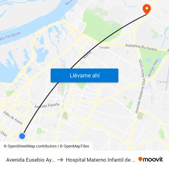 Avenida Eusebio Ayala, 995 to Hospital Materno Infantil de Loma Pytâ map