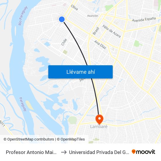 Profesor Antonio Maidana Campos, 1045 to Universidad Privada Del Guairá (Sede Lambaré) map