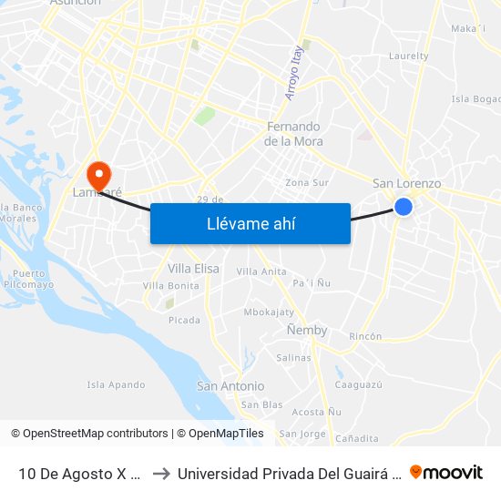 10 De Agosto X Sgto. Silva to Universidad Privada Del Guairá (Sede Lambaré) map