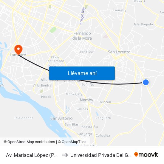 Av. Mariscal López (Parada Km. 17 (1/2)) to Universidad Privada Del Guairá (Sede Lambaré) map