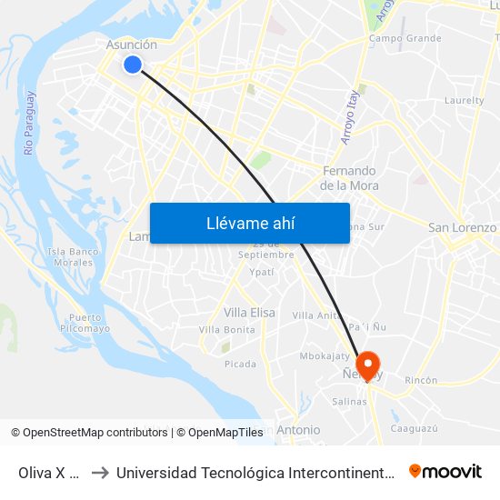 Oliva X Yegros to Universidad Tecnológica Intercontinental (UTIC) - Filial Ñemby map