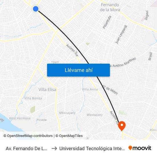 Av. Fernando De La Mora X Av. Argentina to Universidad Tecnológica Intercontinental (UTIC) - Filial Ñemby map