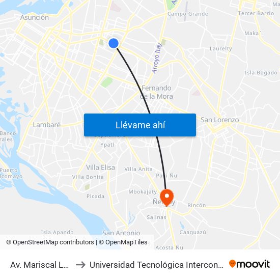 Av. Mariscal López X Bulnes to Universidad Tecnológica Intercontinental (UTIC) - Filial Ñemby map