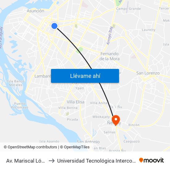 Av. Mariscal López X Melgarejo to Universidad Tecnológica Intercontinental (UTIC) - Filial Ñemby map