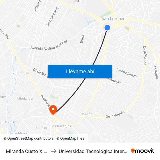 Miranda Cueto X Mariscal Estigarribia to Universidad Tecnológica Intercontinental (UTIC) - Filial Ñemby map