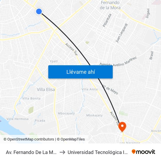 Av. Fernando De La Mora X Universitarios Del Chaco to Universidad Tecnológica Intercontinental (UTIC) - Filial Ñemby map