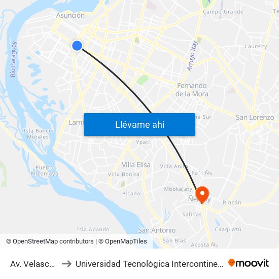 Av. Velasco X Brasil to Universidad Tecnológica Intercontinental (UTIC) - Filial Ñemby map