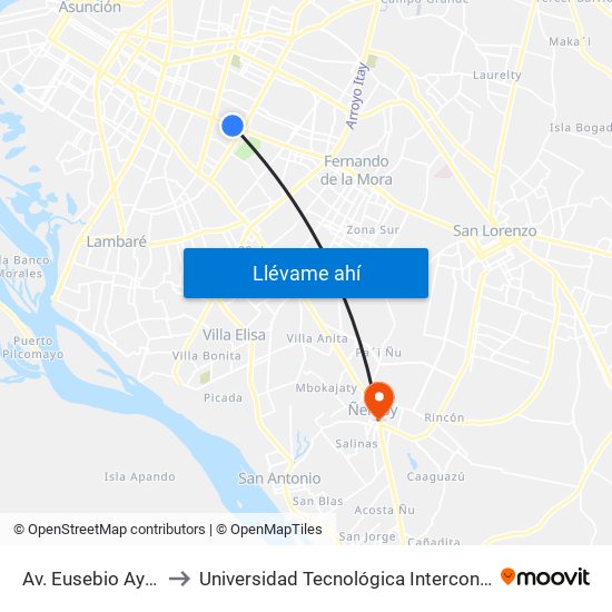 Av. Eusebio Ayala X Nazareth to Universidad Tecnológica Intercontinental (UTIC) - Filial Ñemby map