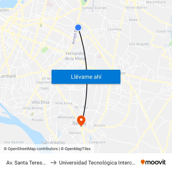Av. Santa Teresa Y Arturo Pereira to Universidad Tecnológica Intercontinental (UTIC) - Filial Ñemby map
