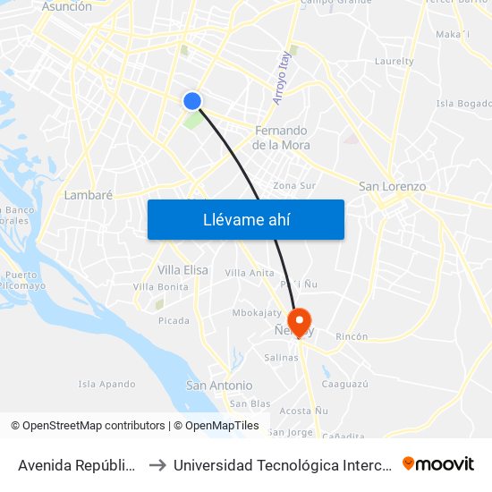 Avenida República Argentina, 1864 to Universidad Tecnológica Intercontinental (UTIC) - Filial Ñemby map