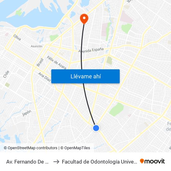 Av. Fernando De La Mora X Av. Argentina to Facultad de Odontología Universidad Nacional de Asunción (FOUNA) map