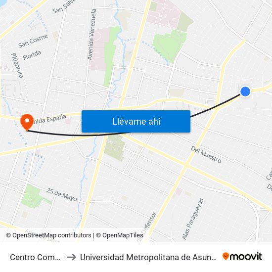 Centro Comercial to Universidad Metropolitana de Asunción - UMA map