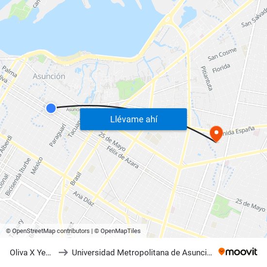 Oliva X Yegros to Universidad Metropolitana de Asunción - UMA map