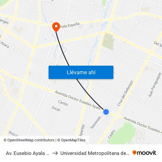 Av. Eusebio Ayala X Nazareth to Universidad Metropolitana de Asunción - UMA map