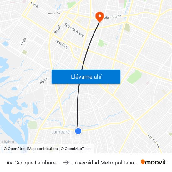 Av. Cacique Lambaré Y Calle Escobar to Universidad Metropolitana de Asunción - UMA map
