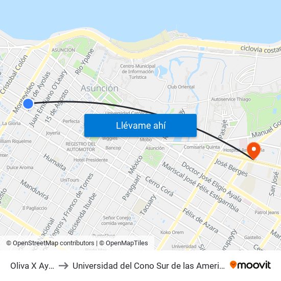 Oliva X Ayolas to Universidad del Cono Sur de las Americas - UCSA map