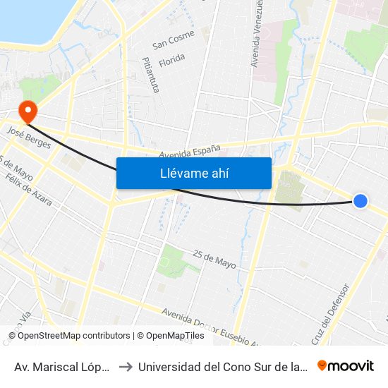 Av. Mariscal López X Bulnes to Universidad del Cono Sur de las Americas - UCSA map