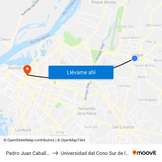 Pedro Juan Caballero X Herrera to Universidad del Cono Sur de las Americas - UCSA map