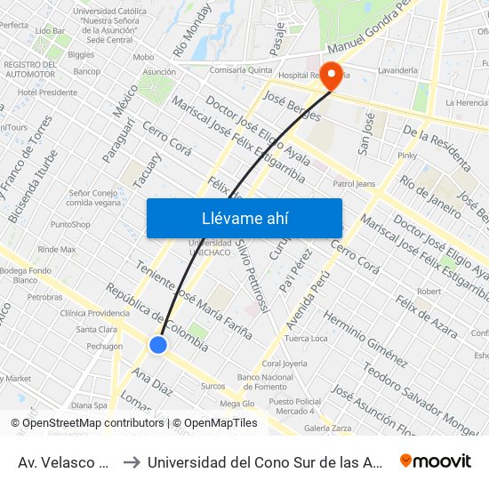 Av. Velasco X Brasil to Universidad del Cono Sur de las Americas - UCSA map