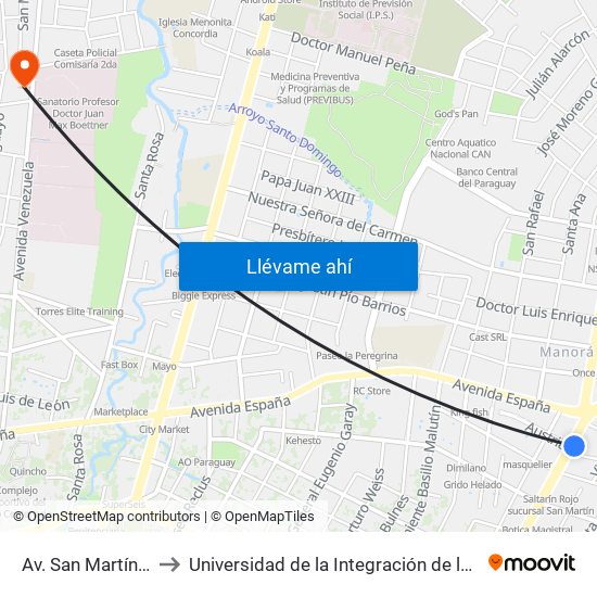 Av. San Martín X Austria to Universidad de la Integración de las Américas - UNIDA map