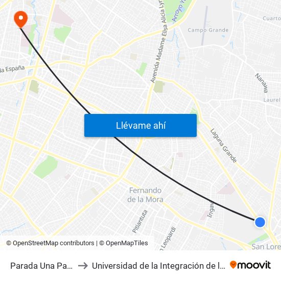 Parada Una Paseo Amelia to Universidad de la Integración de las Américas - UNIDA map