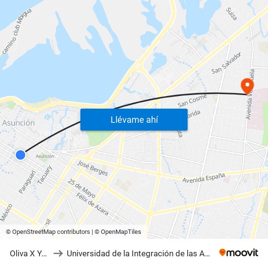 Oliva X Yegros to Universidad de la Integración de las Américas - UNIDA map