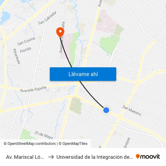 Av. Mariscal López X Bulnes to Universidad de la Integración de las Américas - UNIDA map