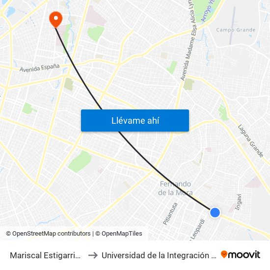 Mariscal Estigarribia X Atilio Galfre to Universidad de la Integración de las Américas - UNIDA map