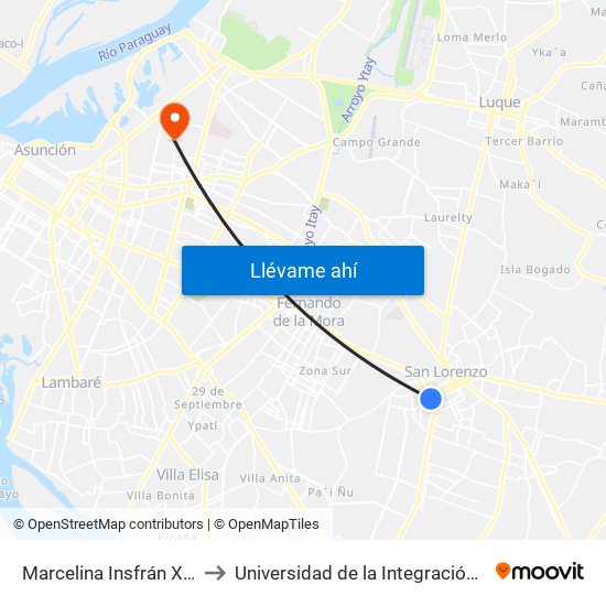 Marcelina Insfrán X Mcal. Estigarribia to Universidad de la Integración de las Américas - UNIDA map