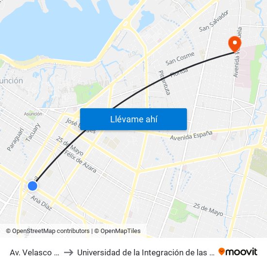 Av. Velasco X Brasil to Universidad de la Integración de las Américas - UNIDA map