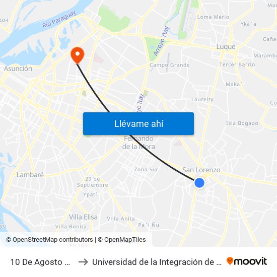 10 De Agosto X Sgto. Silva to Universidad de la Integración de las Américas - UNIDA map