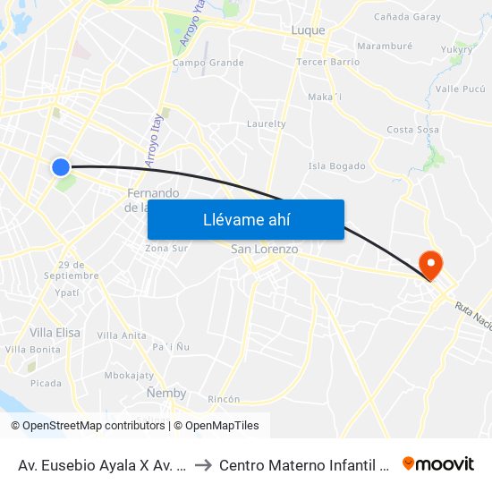 Av. Eusebio Ayala X Av. Argentina to Centro Materno Infantil de Capiata map